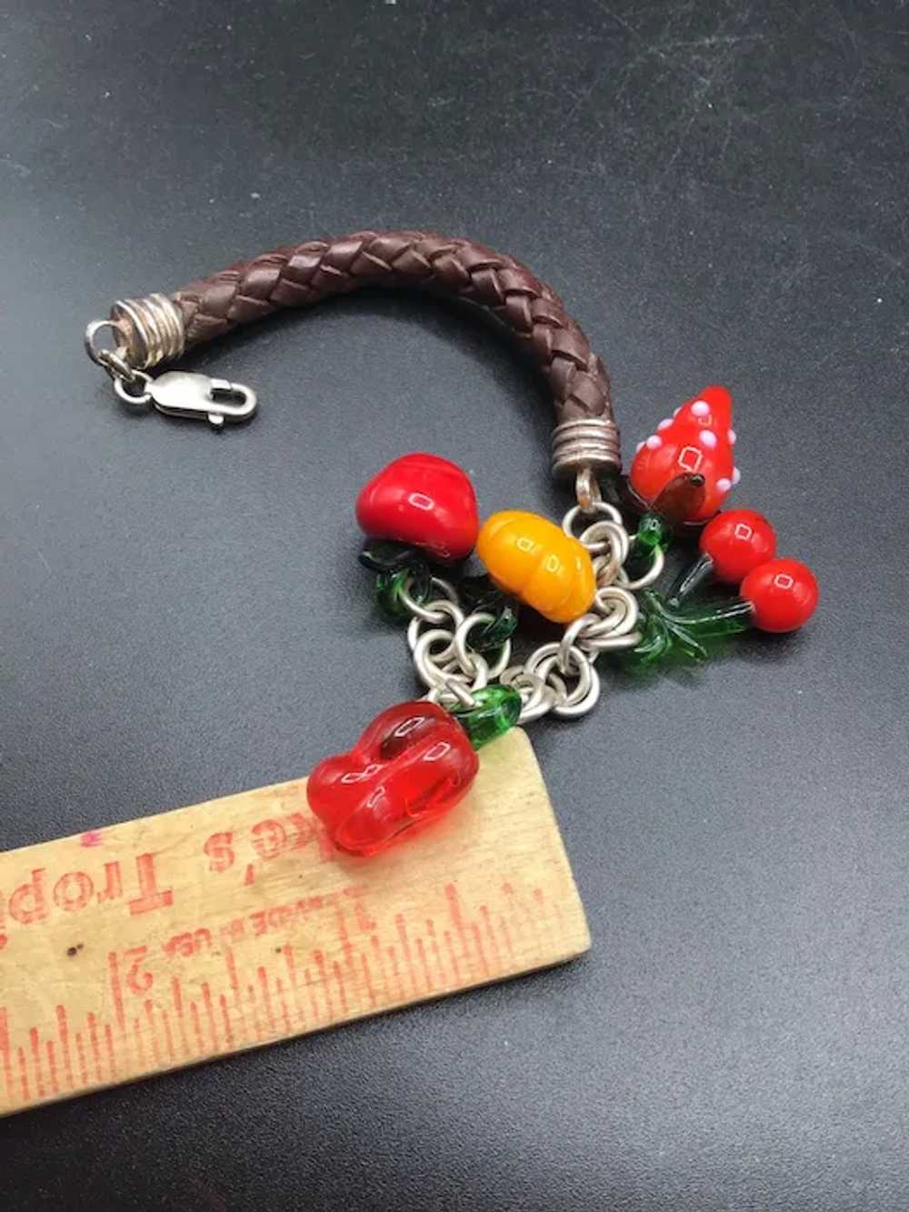 Fruit & Veggies Bracelet Art Glass Charms Leather… - image 6