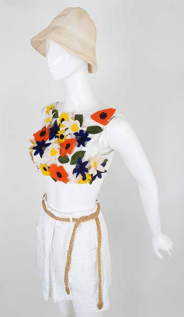 1960s Mod White Denim Bustier W/ Flowers