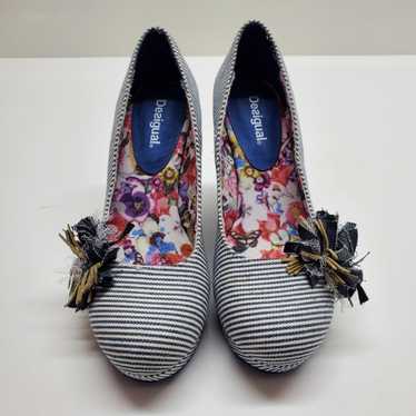 Desigual Women's Blue/White Striped Floral Wedges… - image 1