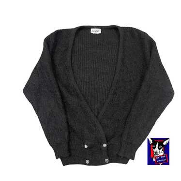 トップス 70s- black virgin wool cardigan Vintage 70's Black Zip Cardigan Wide Ribbed Wool White Stag