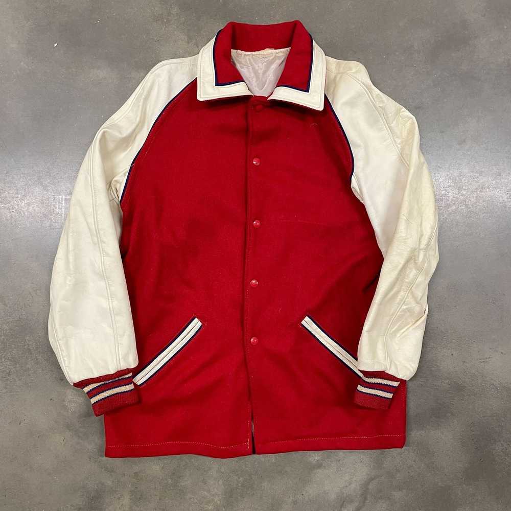 Vintage 50s Red/White Wool & Leather Letterman Va… - image 2