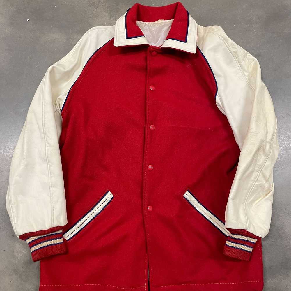 Vintage 50s Red/White Wool & Leather Letterman Va… - image 4