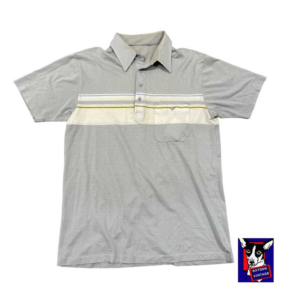 Vintage 70s Gray/Yellow Striped Short Sleeve Polo… - image 1