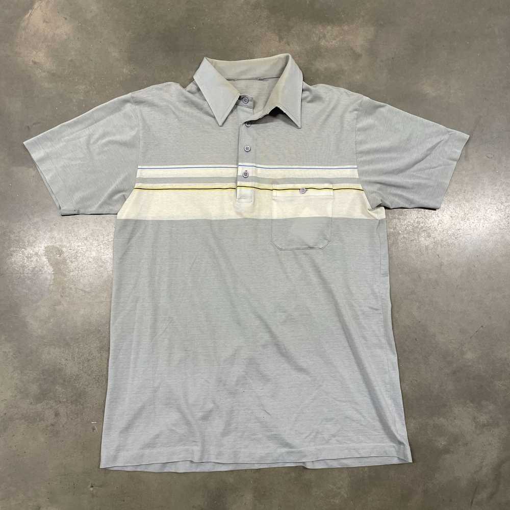 Vintage 70s Gray/Yellow Striped Short Sleeve Polo… - image 2