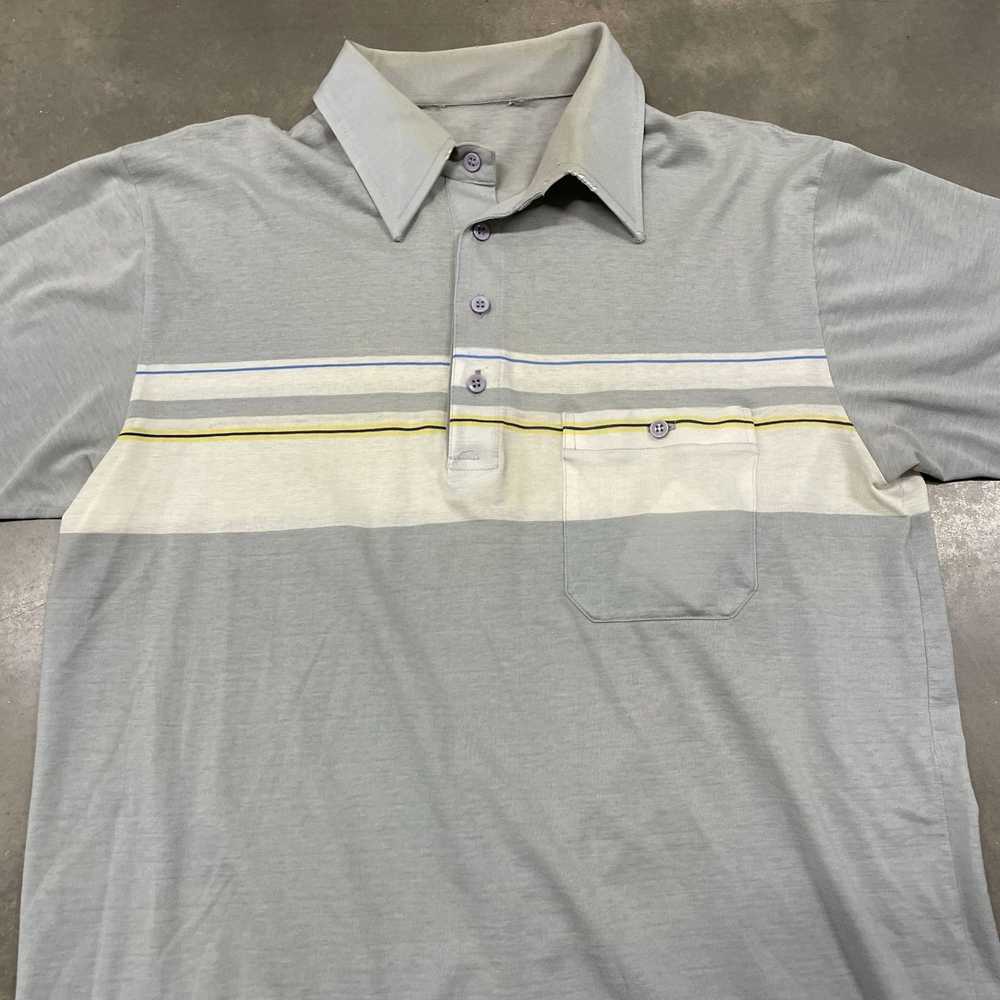 Vintage 70s Gray/Yellow Striped Short Sleeve Polo… - image 3