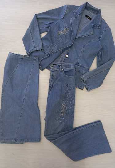 Vintage 00s Co-Ord Blue Denim 3 Pcs Rhinestone Sea