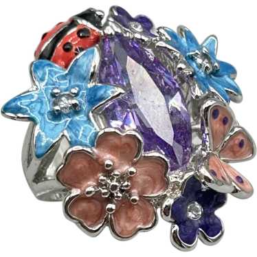 Enamel Flowers & Butterfly Ring Size 7 Silver Tone