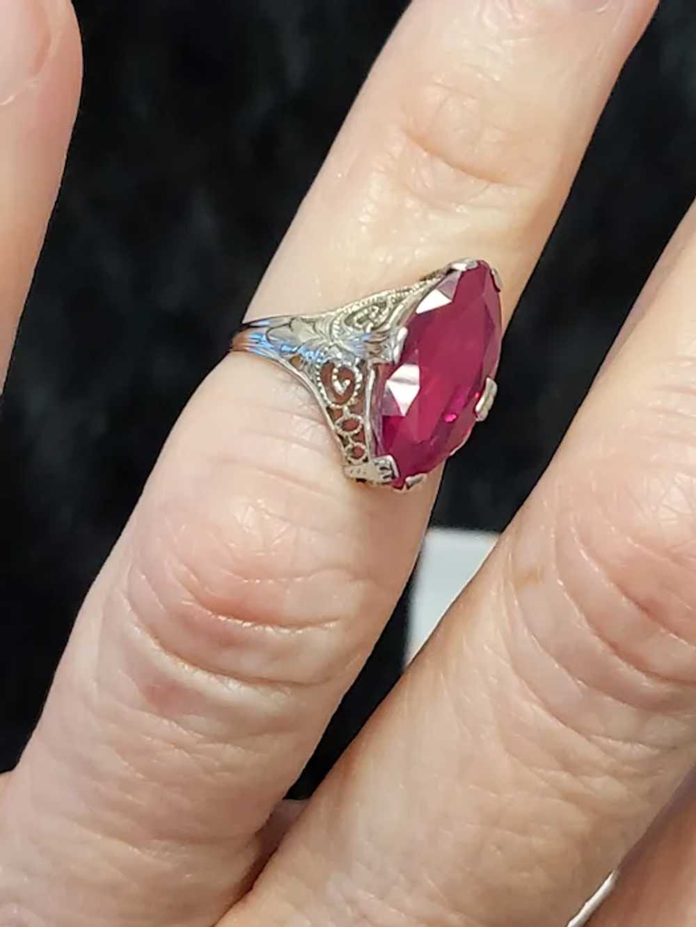 10K White Gold Filigree Ruby Marquise Ring for Pi… - image 8