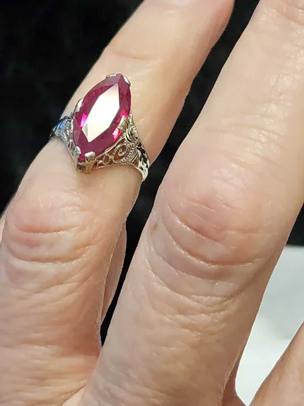 10K White Gold Filigree Ruby Marquise Ring for Pi… - image 9