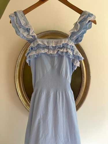 Vintage Rare 1940s Sky Blue Cotton Ruffled Dress