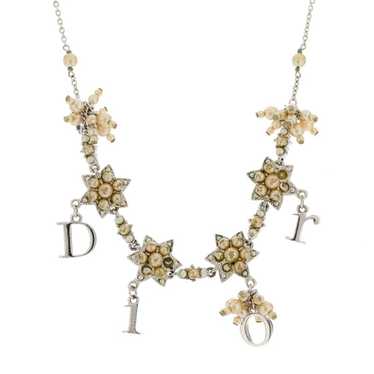 CHRISTIAN DIOR Pearl Logo Flower Necklace Silver