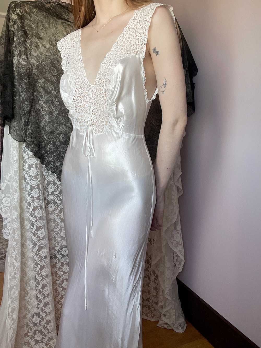 1930s Lace Up Crochet White Satin Bias Cut Slip D… - image 12