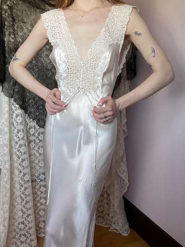 1930s Lace Up Crochet White Satin Bias Cut Slip D… - image 1