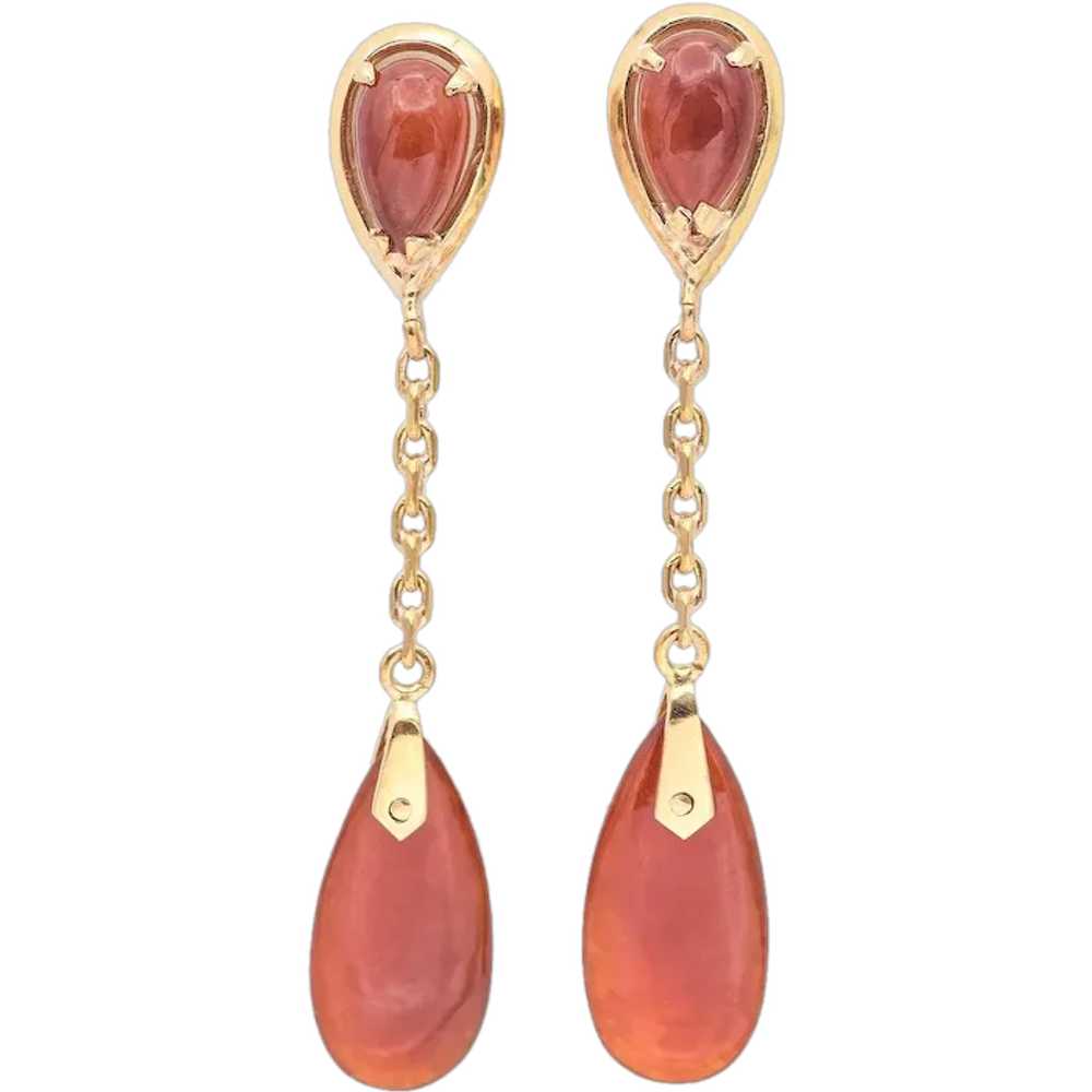 Vintage 14K Yellow Gold Red Jade Dangle Earrings - image 1