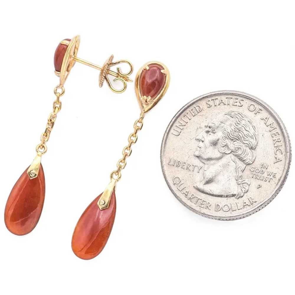 Vintage 14K Yellow Gold Red Jade Dangle Earrings - image 3