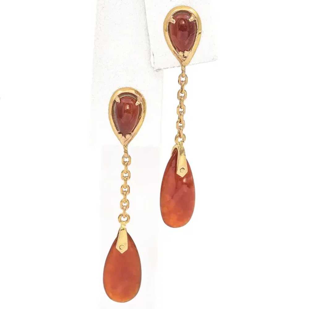 Vintage 14K Yellow Gold Red Jade Dangle Earrings - image 4