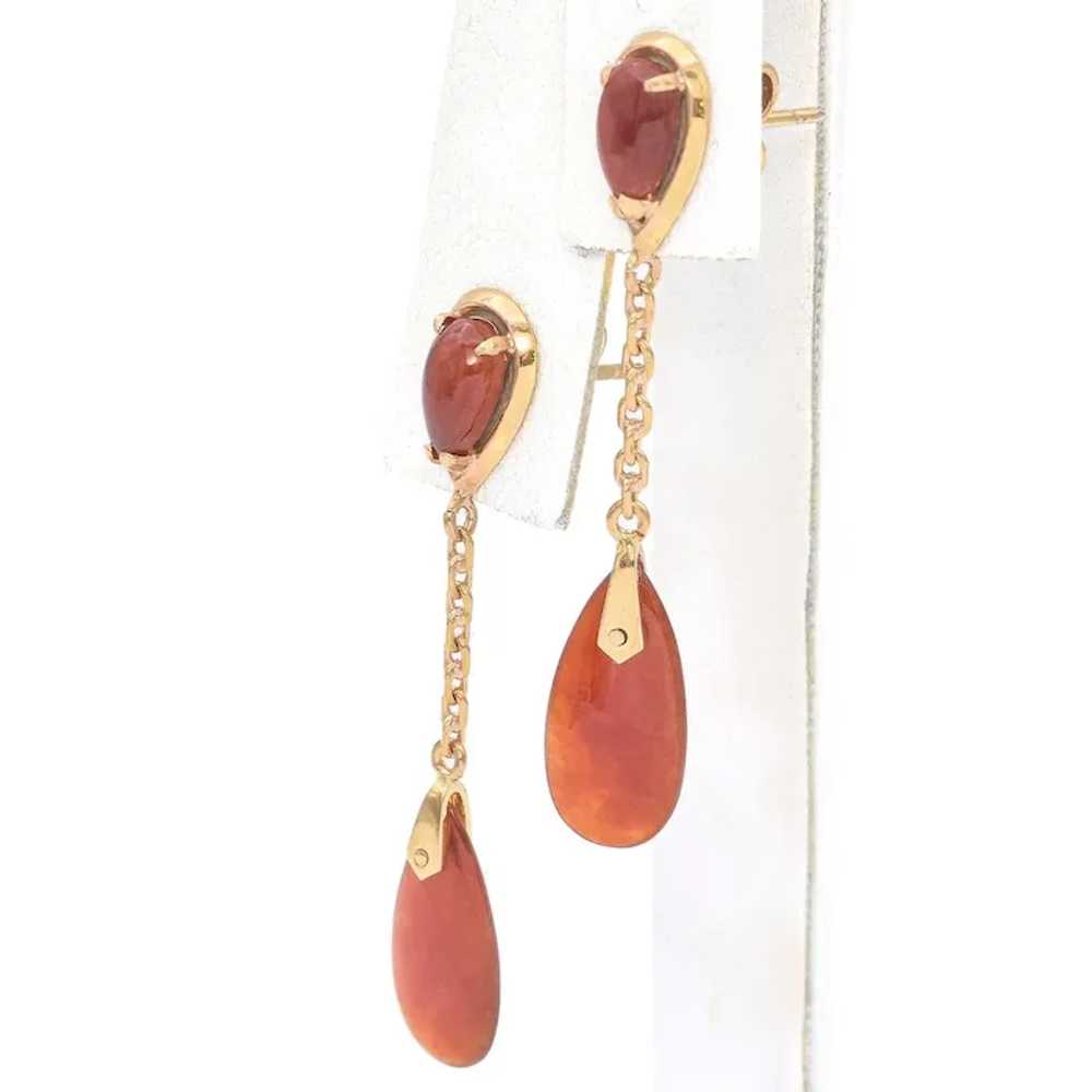 Vintage 14K Yellow Gold Red Jade Dangle Earrings - image 5