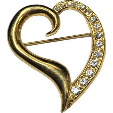 Gold Tone Clear Rhinestones Heart Pin Curvy