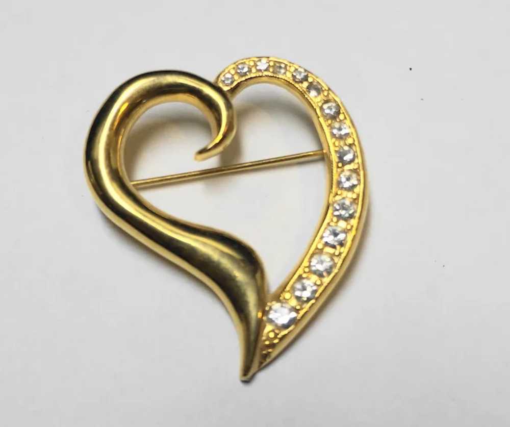 Gold Tone Clear Rhinestones Heart Pin Curvy - image 2