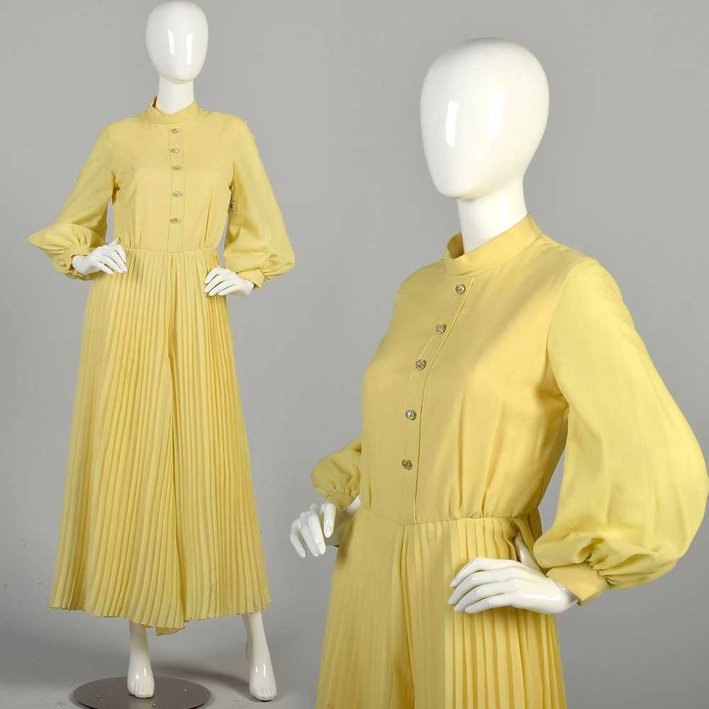 1970's Medium Jumpsuit Pleated Rhinestone Butter … - image 1