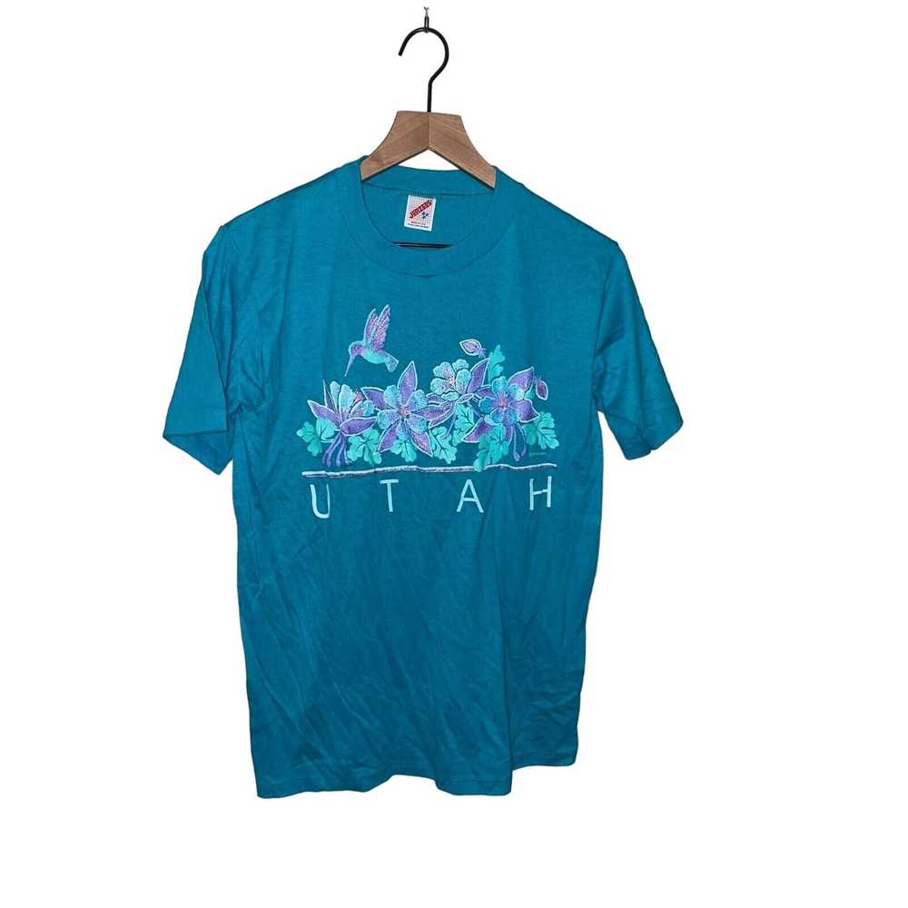 Jerzees 90s Vintage Utah Blue Hummingbird Graphic… - image 1