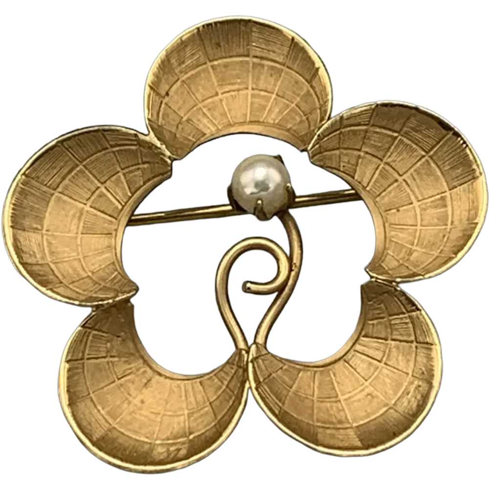 Vintage Gold 5 Petal Flower Retro Design Brooch S… - image 1