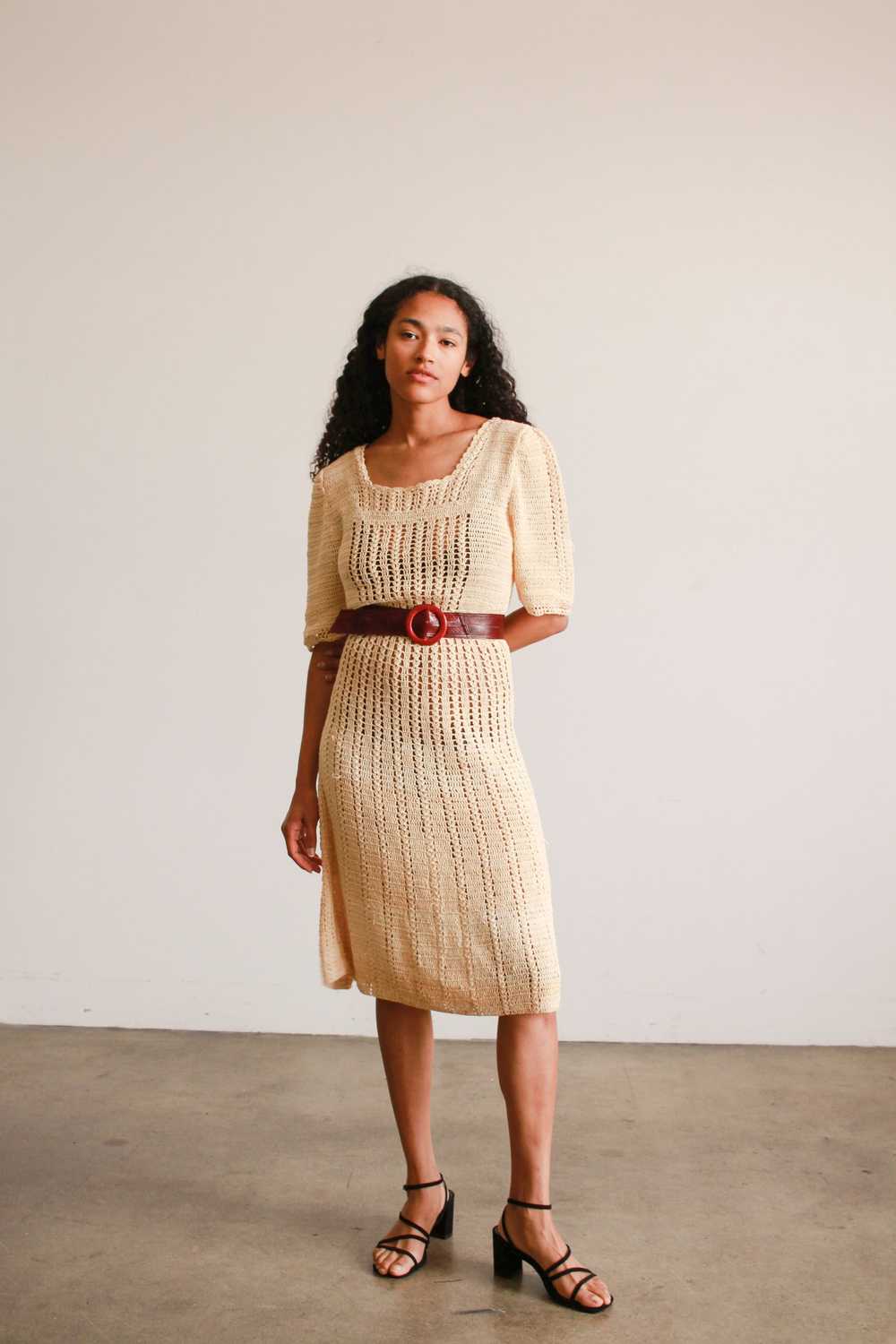 1970s Cream Crochet Knit Midi Dress - Gem