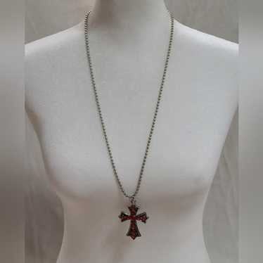 Vintage Gothic Cross Pendant Necklace With Red St… - image 1