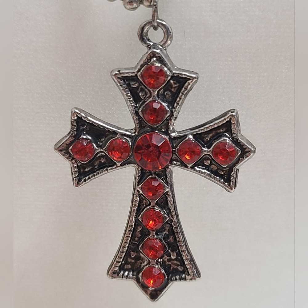 Vintage Gothic Cross Pendant Necklace With Red St… - image 3