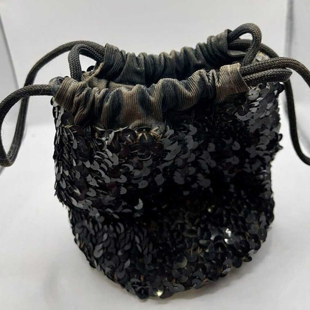 Vintage 1950s Small Black Sequined Drawstring Pur… - image 1