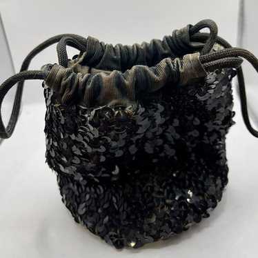 Vintage 1950s Small Black Sequined Drawstring Pur… - image 1