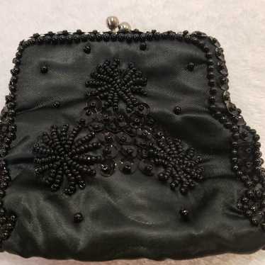 VINTAGE CAROUSEL BLACK SATIN BEADED CHANGE PURSE,… - image 1