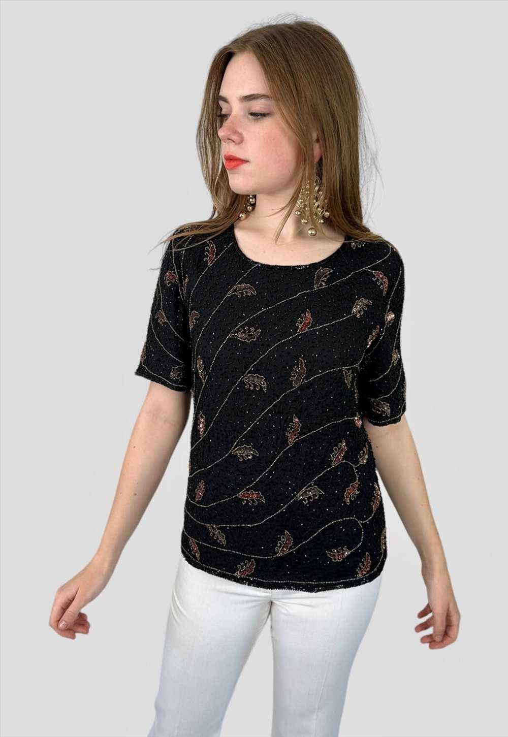 Gina Bacconi 80's Vintage Short Sleeve Black Bead… - image 2