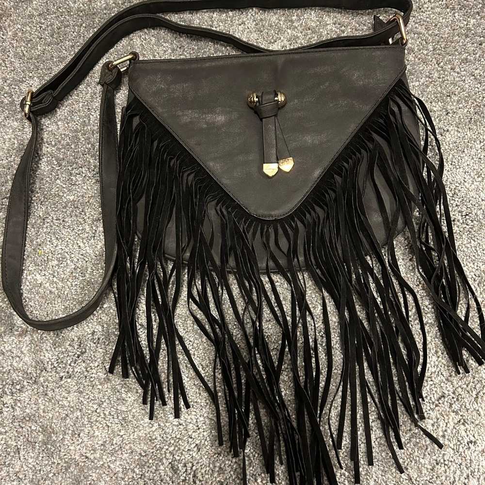 Vintage faux suede leather fringe tassel crossbod… - image 1