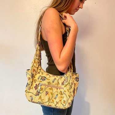 Tan retro floral sofa print shoulder bag