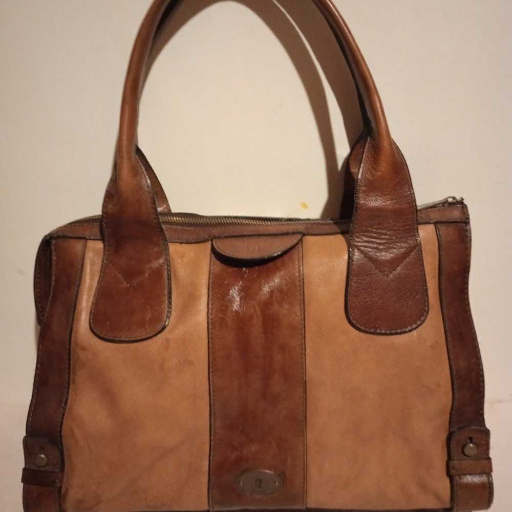 FOSSIL TWO TONED BROWN SATCHEL BAG PURSE - image 1