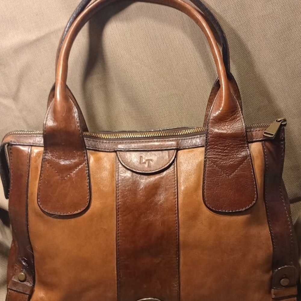 FOSSIL TWO TONED BROWN SATCHEL BAG PURSE - image 2