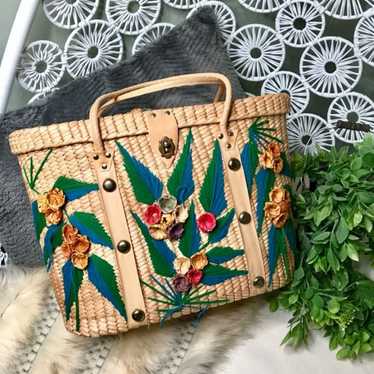 Vintage wicker/rattan embroidered tote - image 1