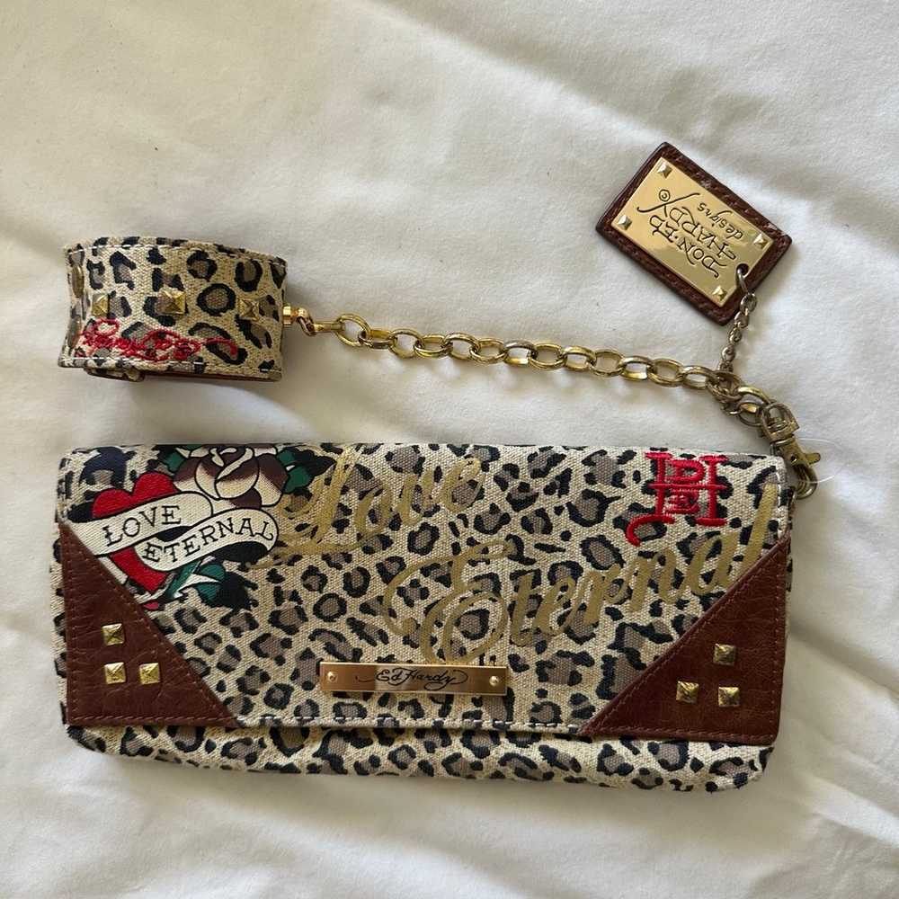 Vintage Ed Hardy cheetah clutch purse w cuff brac… - image 1