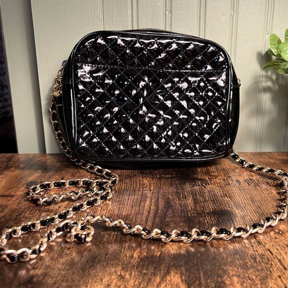 Amanda Smith Purse Vtg Black Quilted Patent Faux … - image 1