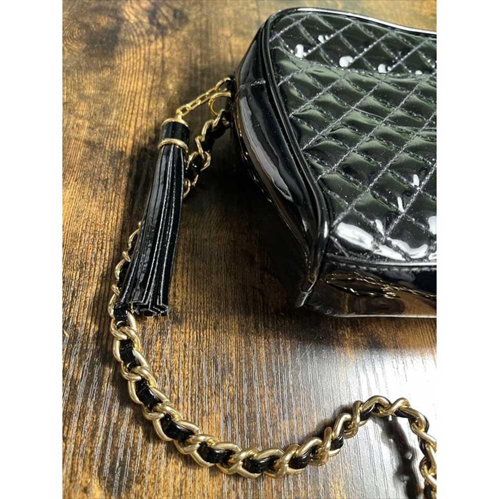 Amanda Smith Purse Vtg Black Quilted Patent Faux … - image 4