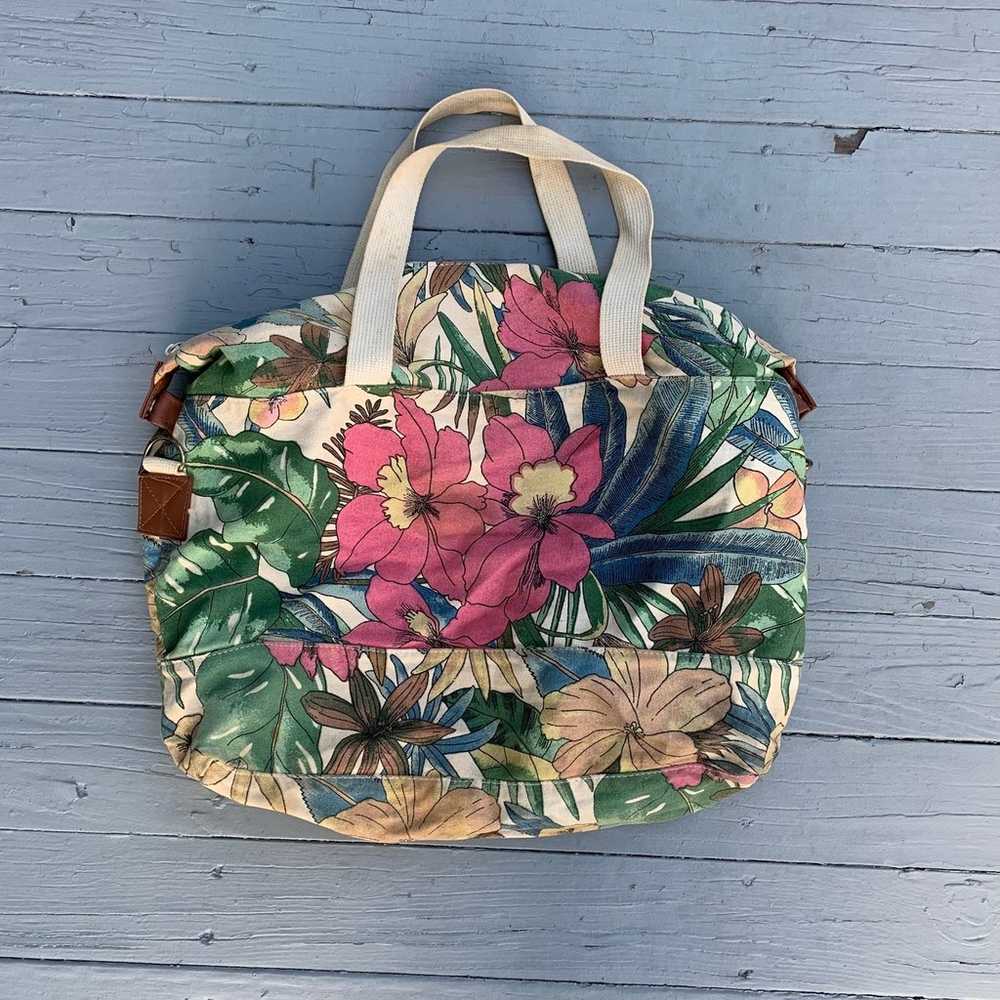 Vintage Tan Floral Tote Bag Purse Beach Bag w/ Le… - image 1