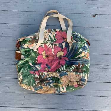 Vintage Tan Floral Tote Bag Purse Beach Bag w/ Le… - image 1