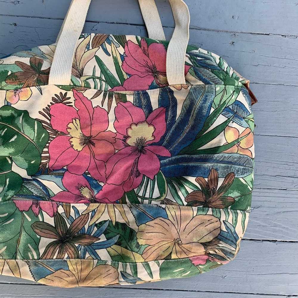 Vintage Tan Floral Tote Bag Purse Beach Bag w/ Le… - image 2