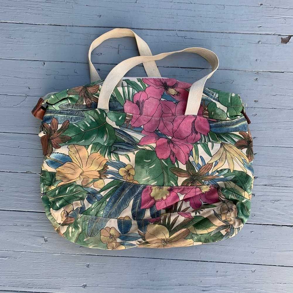 Vintage Tan Floral Tote Bag Purse Beach Bag w/ Le… - image 3