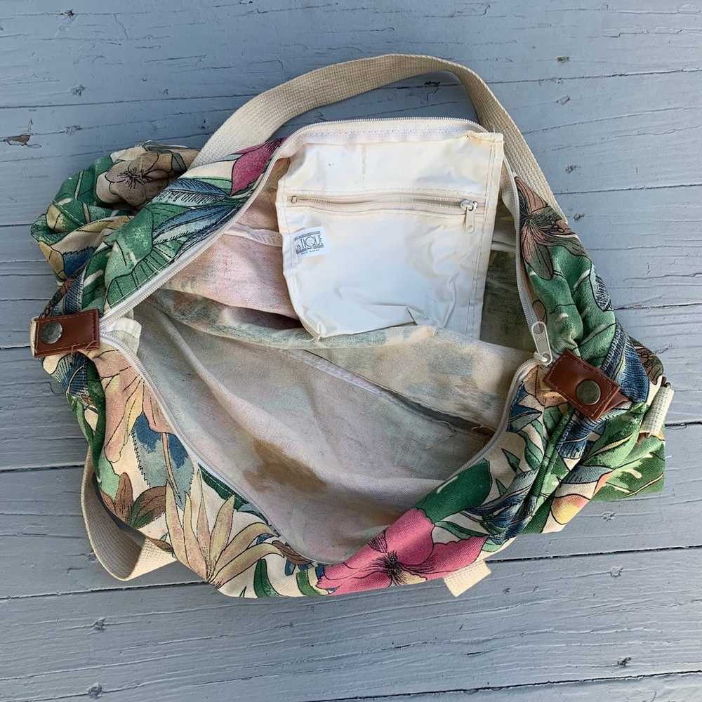 Vintage Tan Floral Tote Bag Purse Beach Bag w/ Le… - image 4