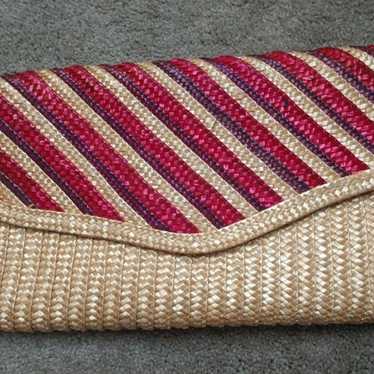 Vintage Straw Foldover Striped Large Clutch 12" R… - image 1