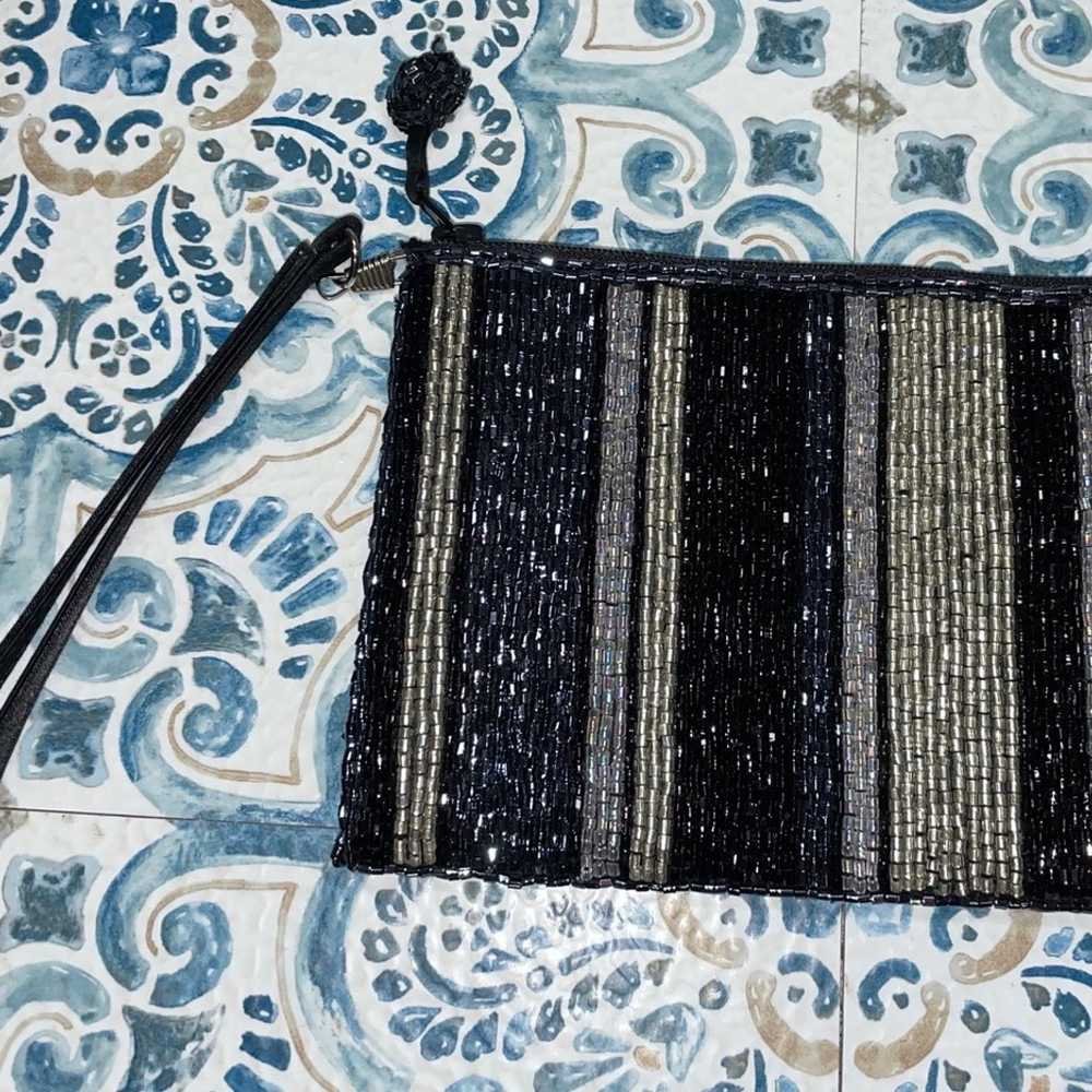 Beaded Wristlet Black, Silver, Gold Vintage Amand… - image 3