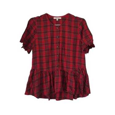 Madewell Red Plaid Studio Ruffle Hem Boho Blouse … - image 1