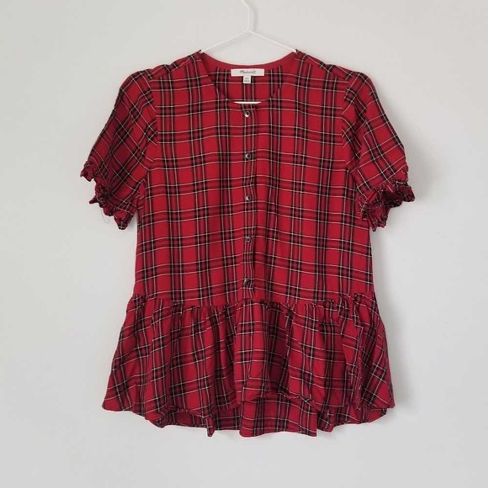 Madewell Red Plaid Studio Ruffle Hem Boho Blouse … - image 3